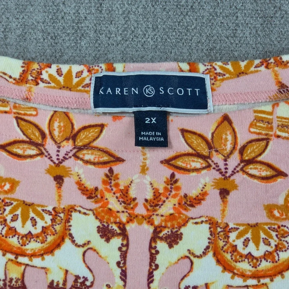 Karen Scott T-Shirt Women 2X Pink Elephant Palm Tree Print Cuffed Short Sleeve